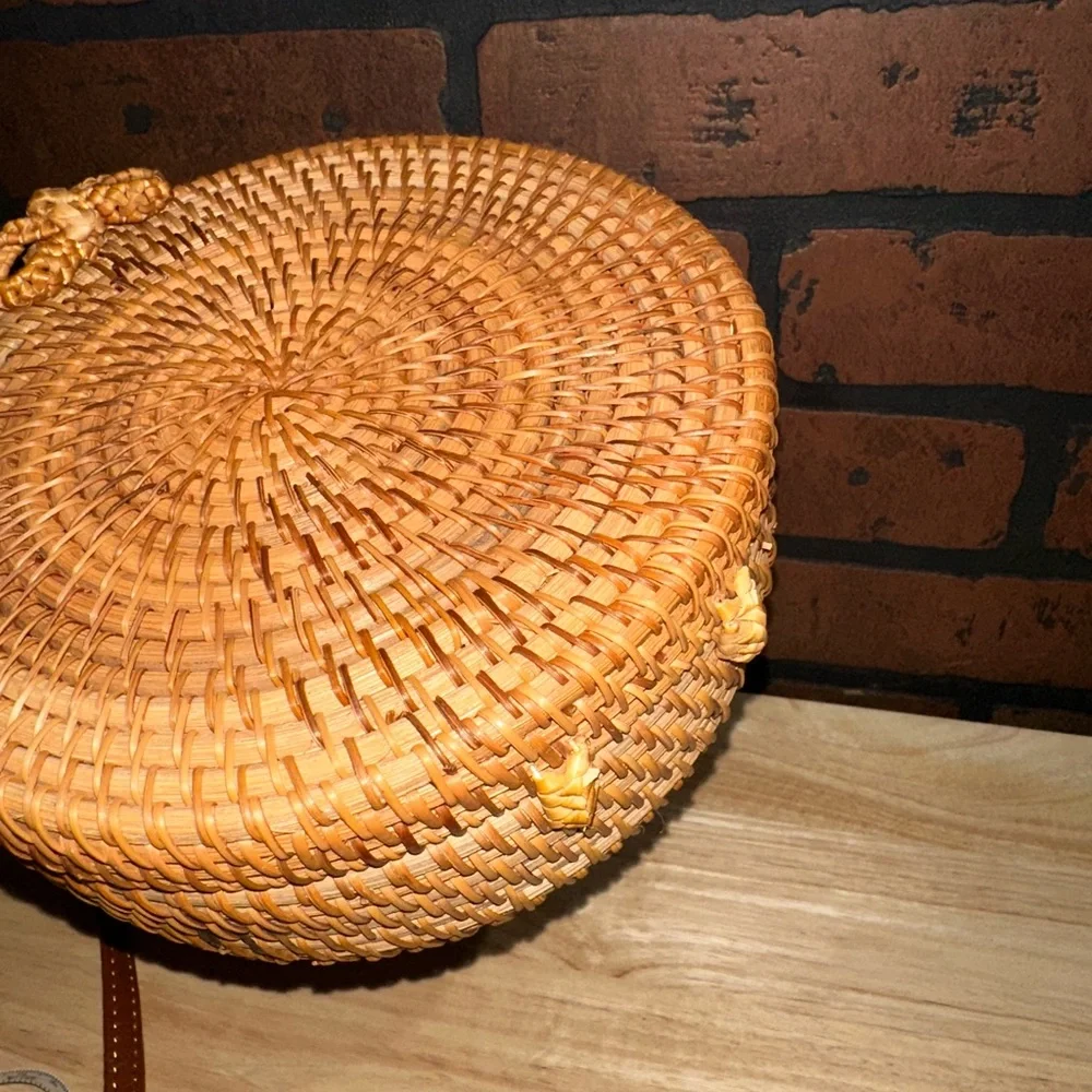 Round Woven Tan Crossbody Bag